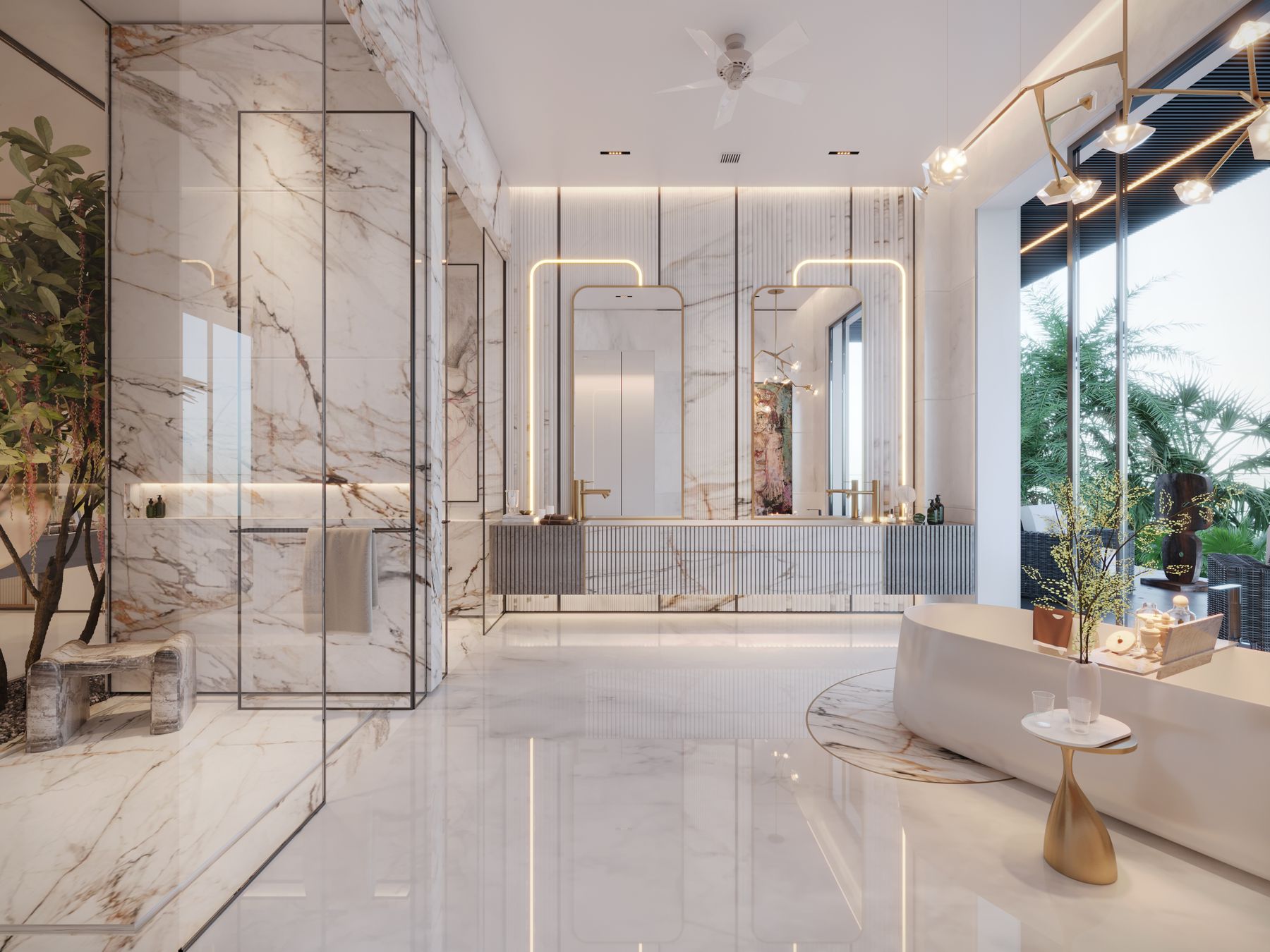 Luxury marble bathroom with freestanding bath and double vanity in a renovated home near Balmedie, Blackdog and Potterton