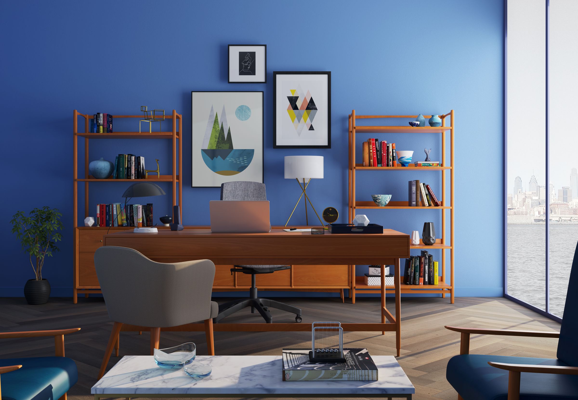 Bright home office with wooden desk, bookshelves and large window in an upscale home near Kingswells, Aberdeen