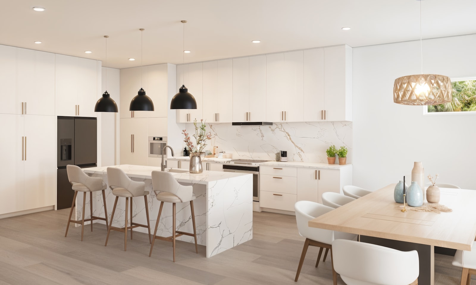 Open-plan luxury kitchen and dining space with marble island in an upscale home near Stonehaven